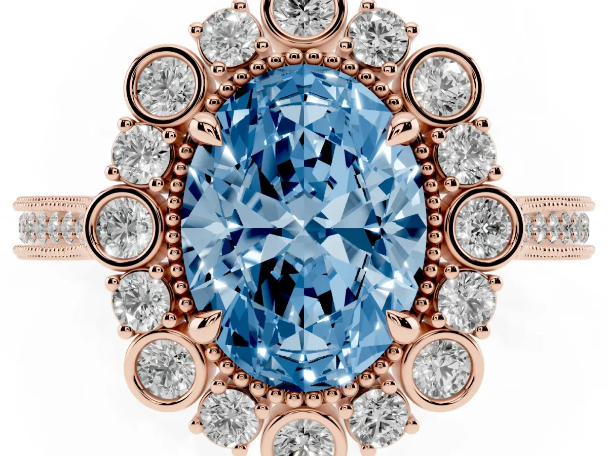 Fancy Blue Oval Cut Halo Milgrain Pave Diamond Ring with Four-Prong Setting Rose gold