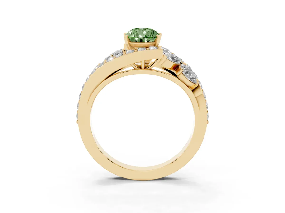 Fancy Green Pear Cut Diamond Halo Ring with Marquise and Pavé Band in Prong Setting Yellow gold