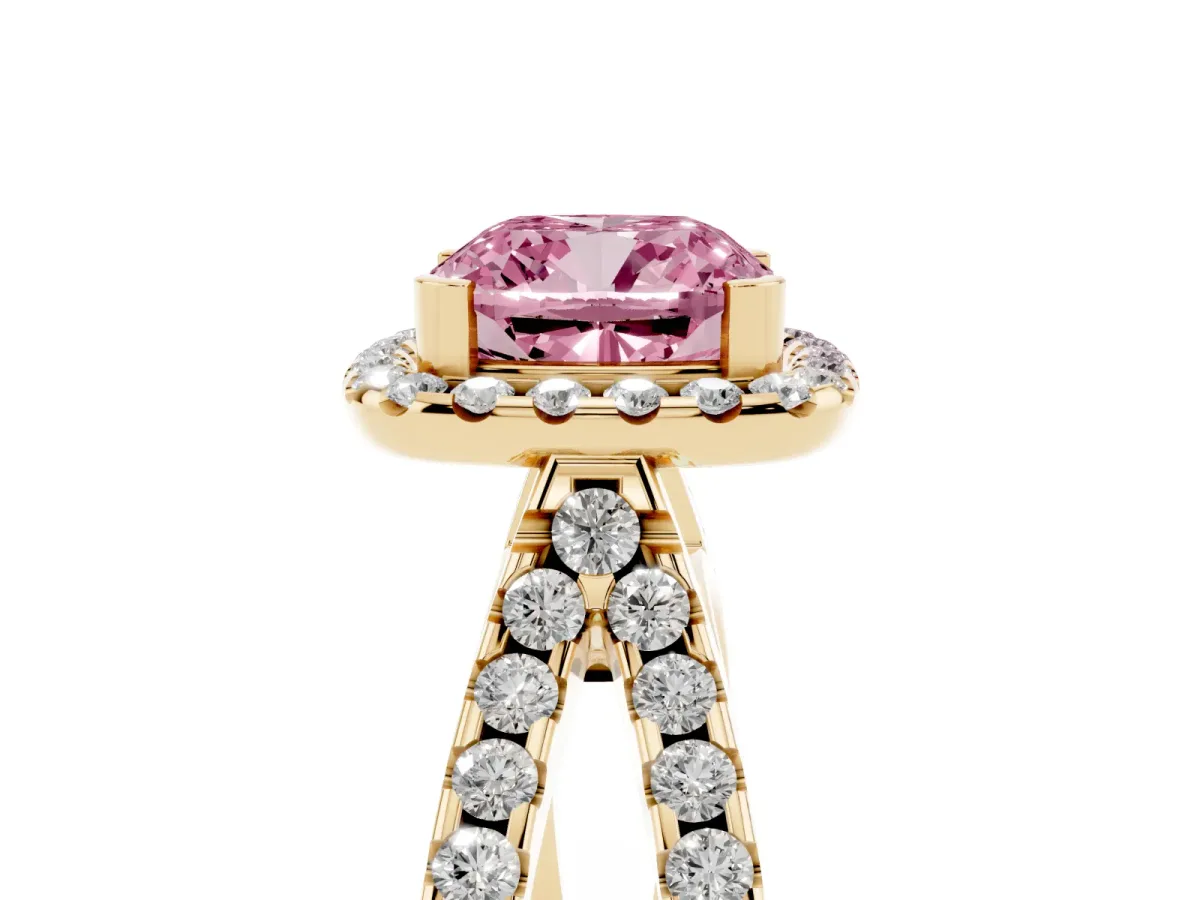 Fancy Pink Cushion Cut Diamond Halo Ring with Split Shank Pavé Band and Prong Setting Yellow gold