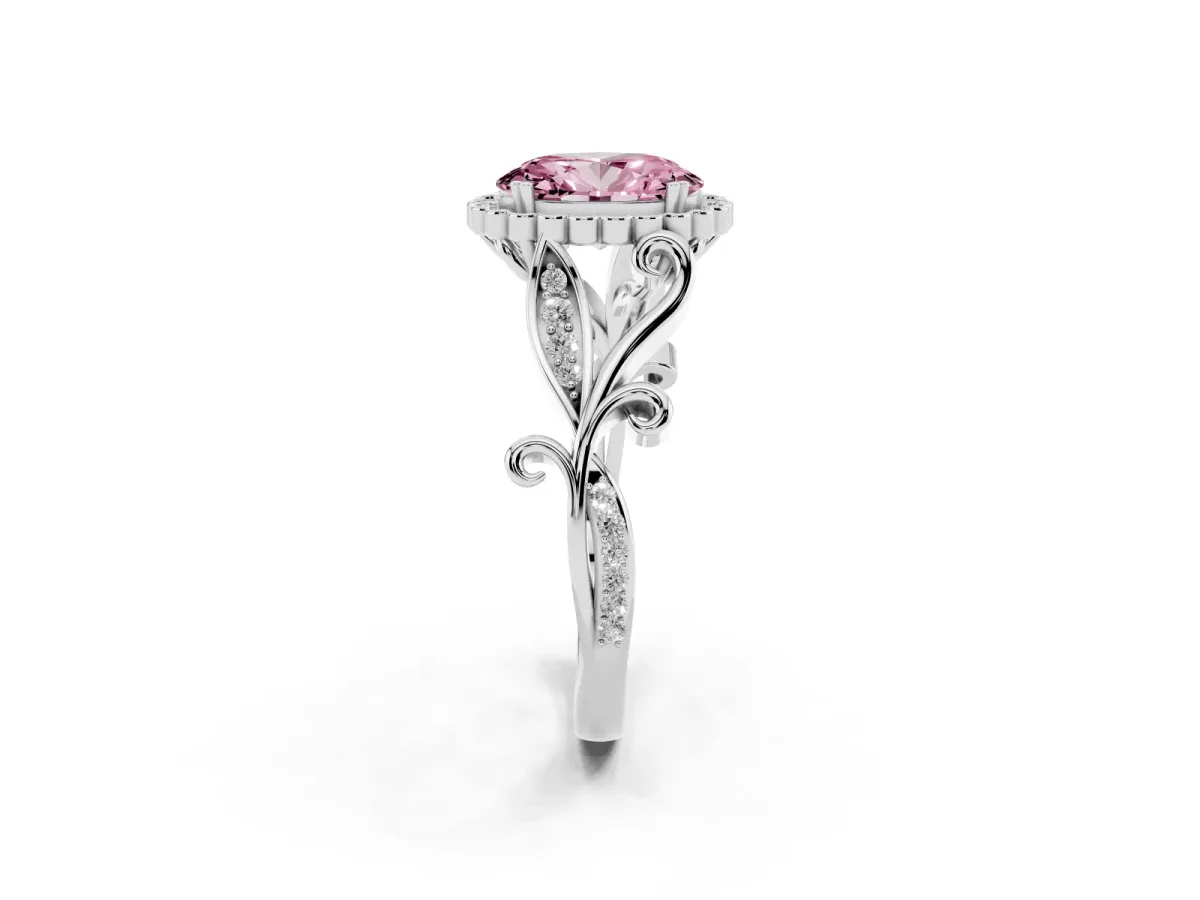 Fancy Pink Oval Cut Diamond Halo Ring with Vintage Split Shank and Four-Prong Setting Silver