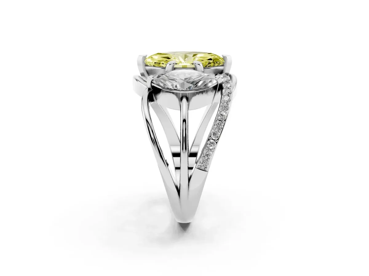 Fancy Yellow Three-Stone Marquise Cut Cut Diamond Split Shank Prong Set Ring Platinum