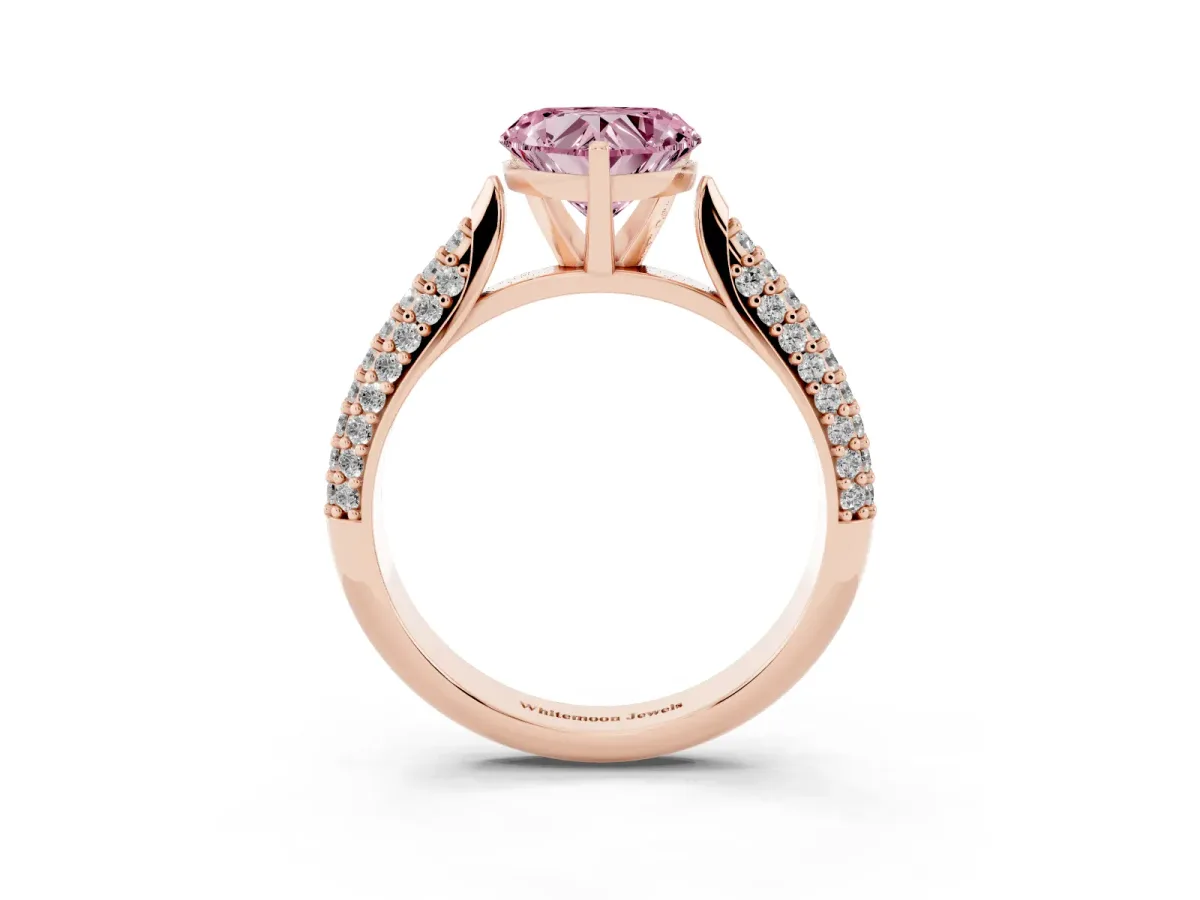 Fancy Pink Heart Cut Diamond Solitaire Engagement Ring with Multi-Row Round Pavé Band and Prong Setting Rose gold