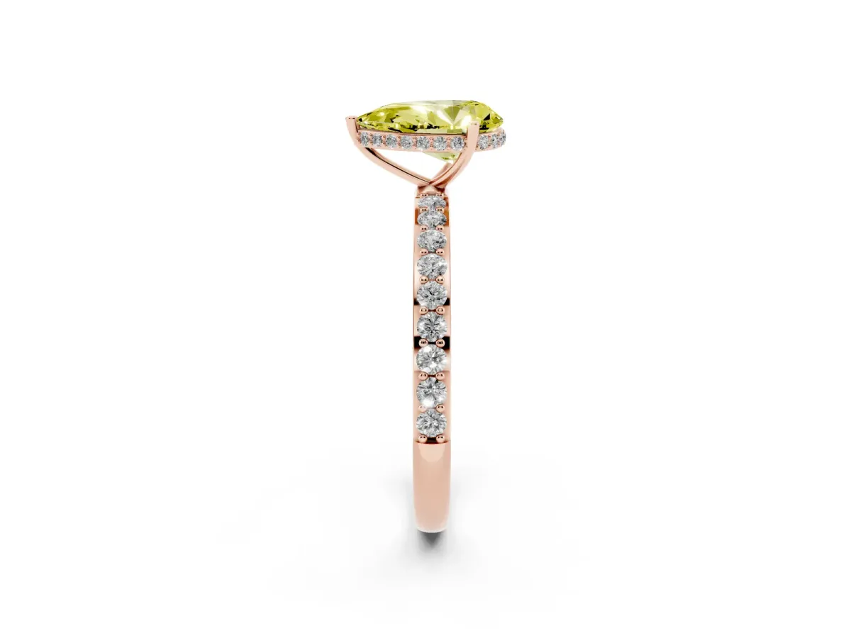 Fancy Yellow Pear Cut Diamond Solitaire Ring with Pavé Band and Hidden Halo Rose gold