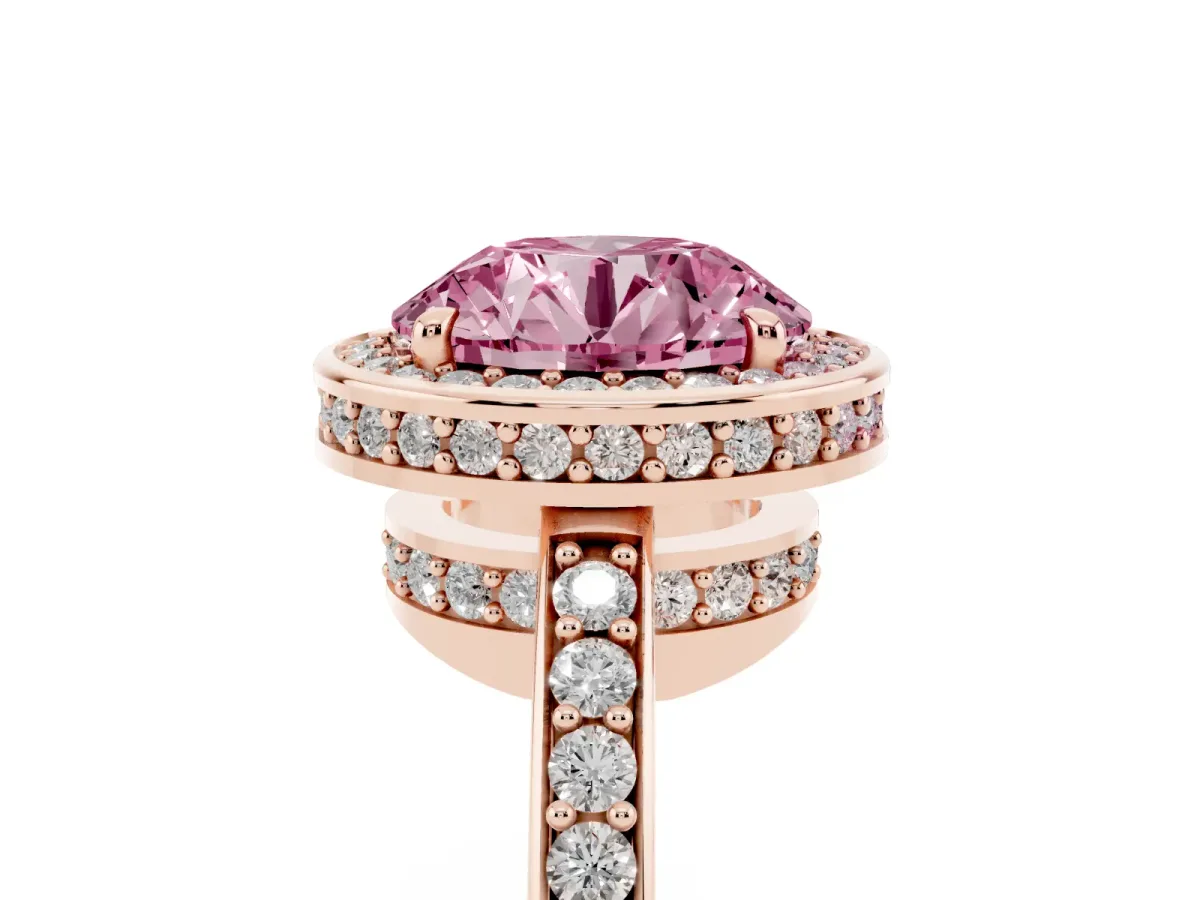 Fancy Pink Round Cut Halo Pave Band Solitaire Ring with Prong Setting Rose gold