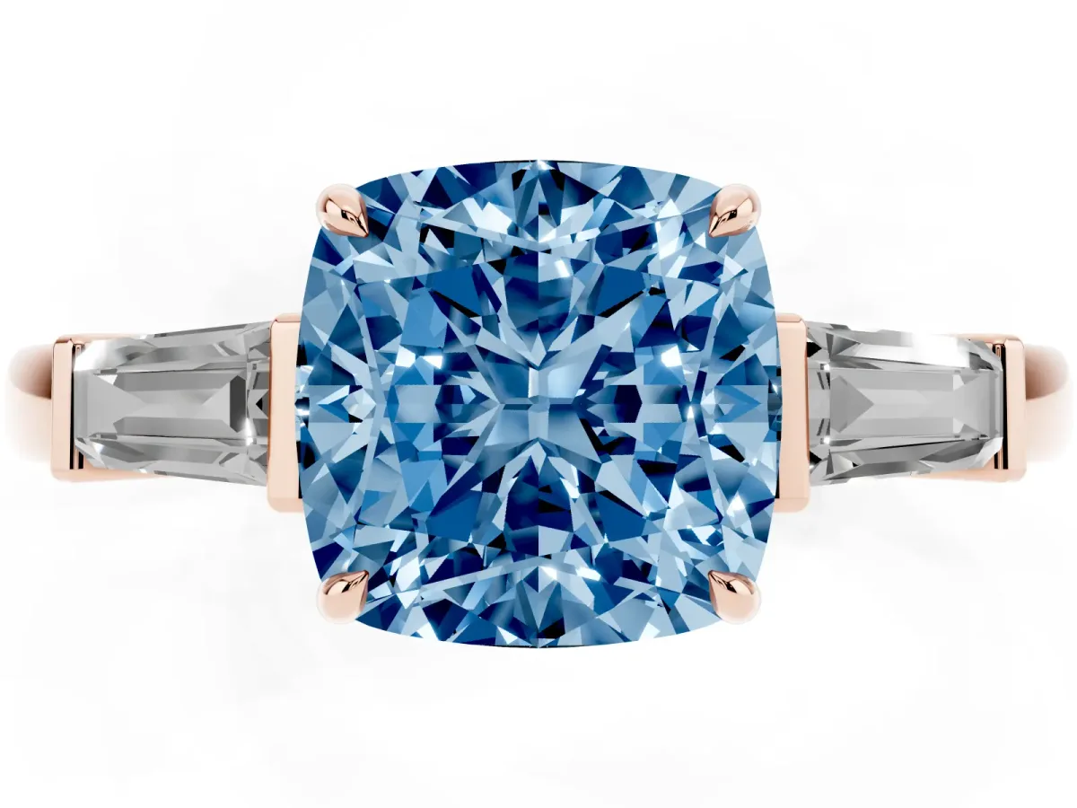 Fancy Blue Cushion Cut Diamond Three-Stone Ring with Tapered Baguette Side Stones and Prong Setting Rose gold