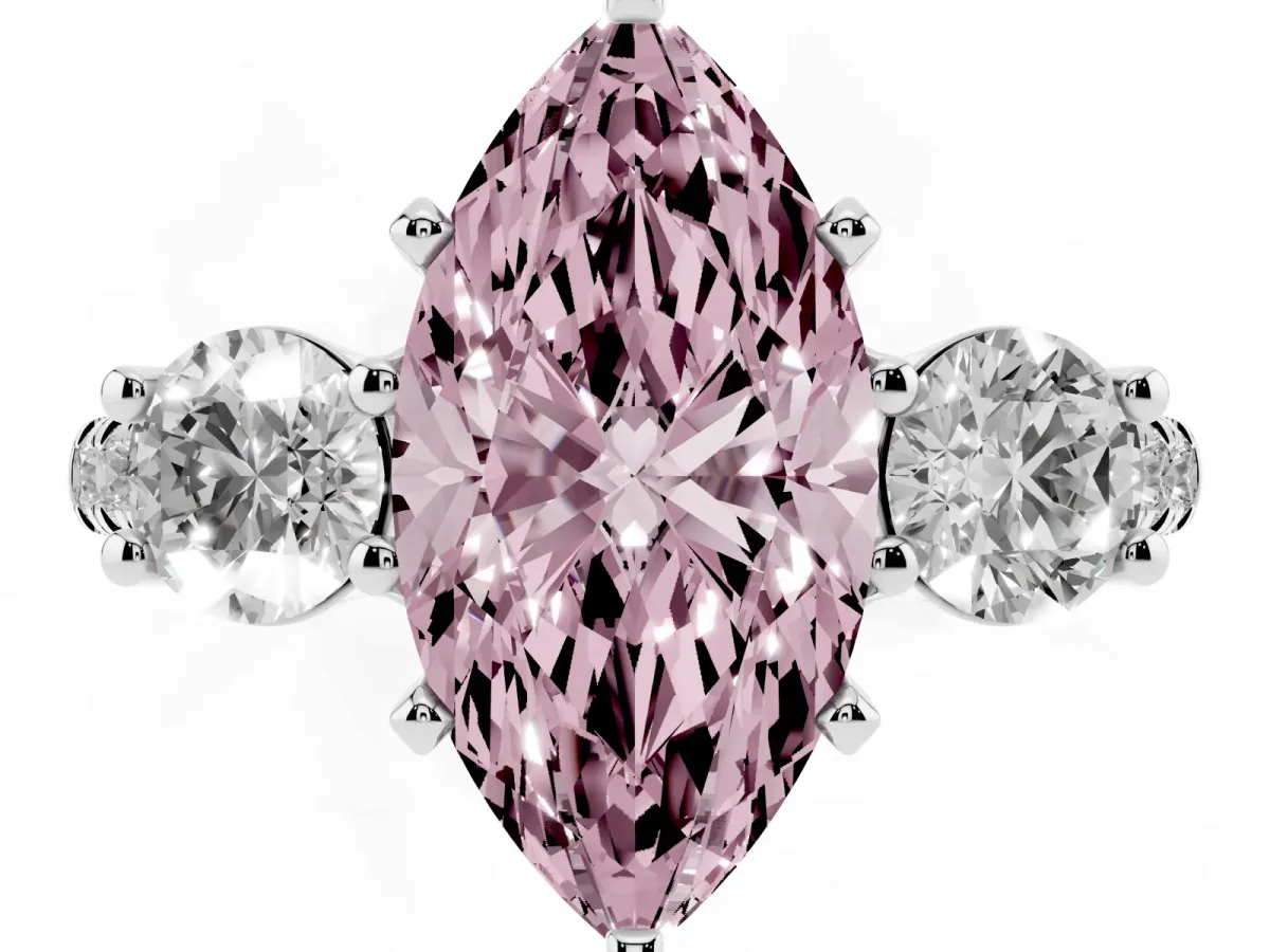 Fancy Pink Three-Stone Marquise Cut Diamond Pavé Band with Four-Prong Setting Silver