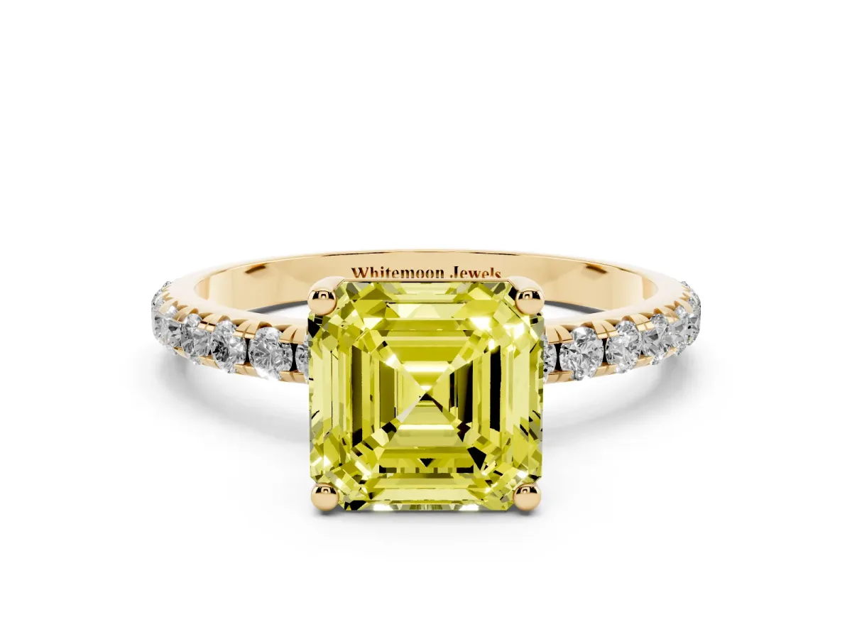 Fancy Yellow Asscher Cut Cut Diamond Solitaire Ring with Micro Pave Band and Four Prong Setting Yellow gold