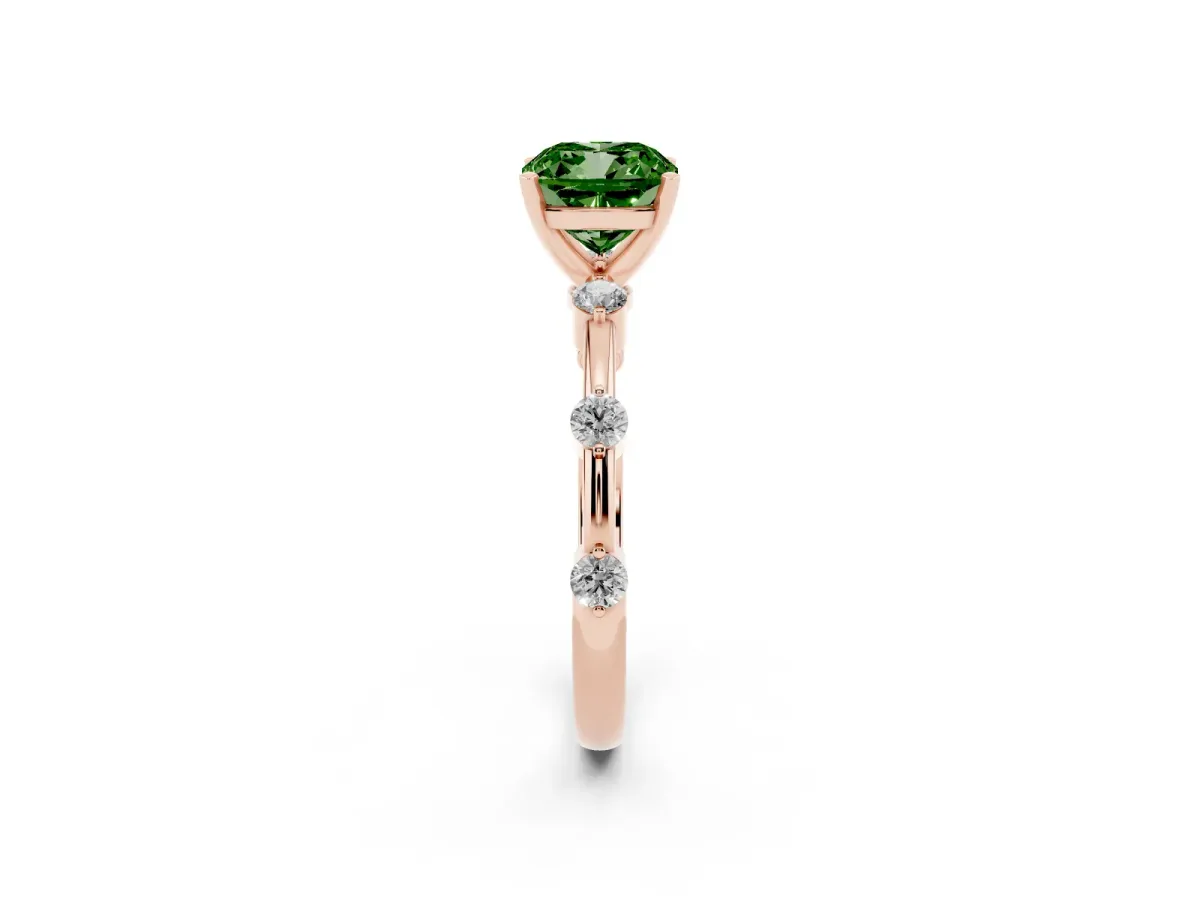 Fancy Green Cushion Cut Solitaire Diamond Ring with Bezel Set Side Stones and Prong Setting Rose gold