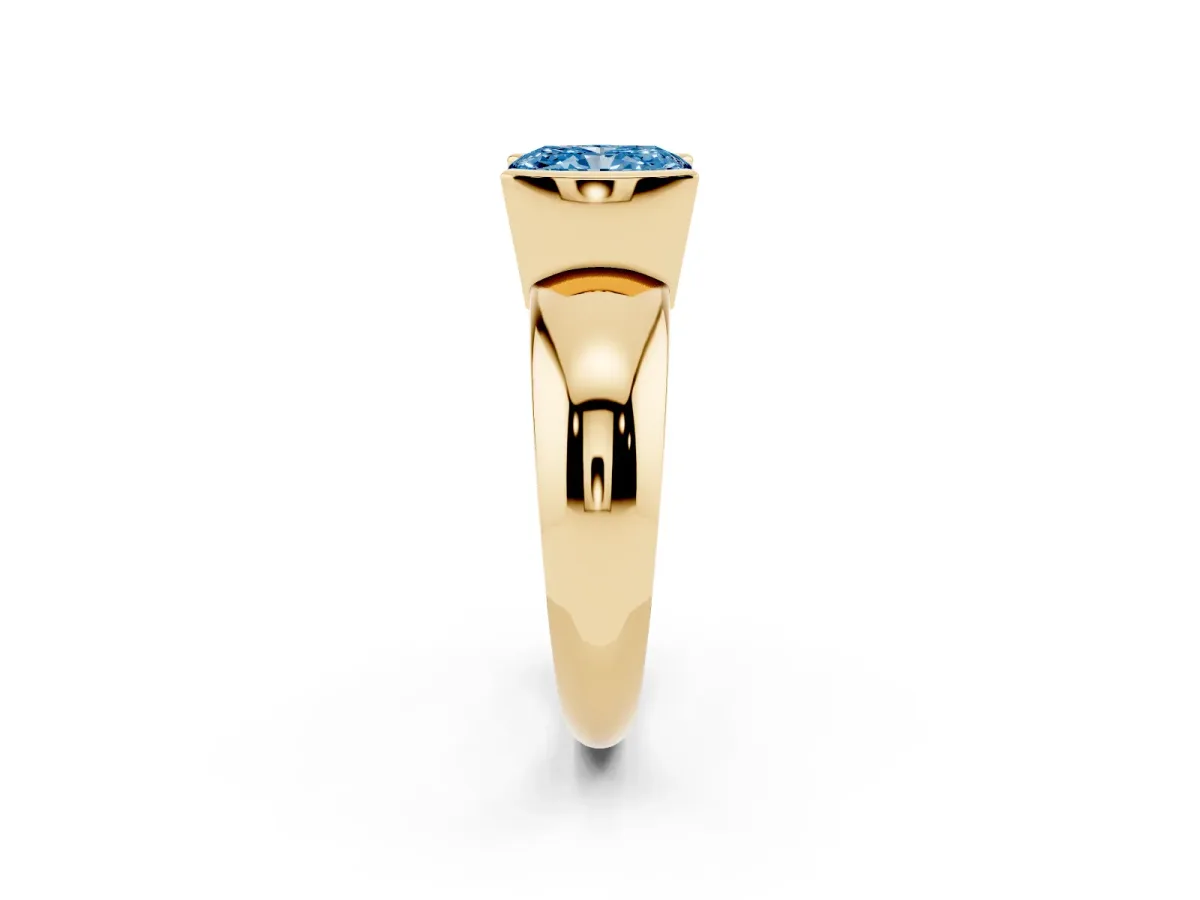 Fancy Blue Radiant Cut Solitaire Tension Set Diamond Ring with Wide Band Yellow gold