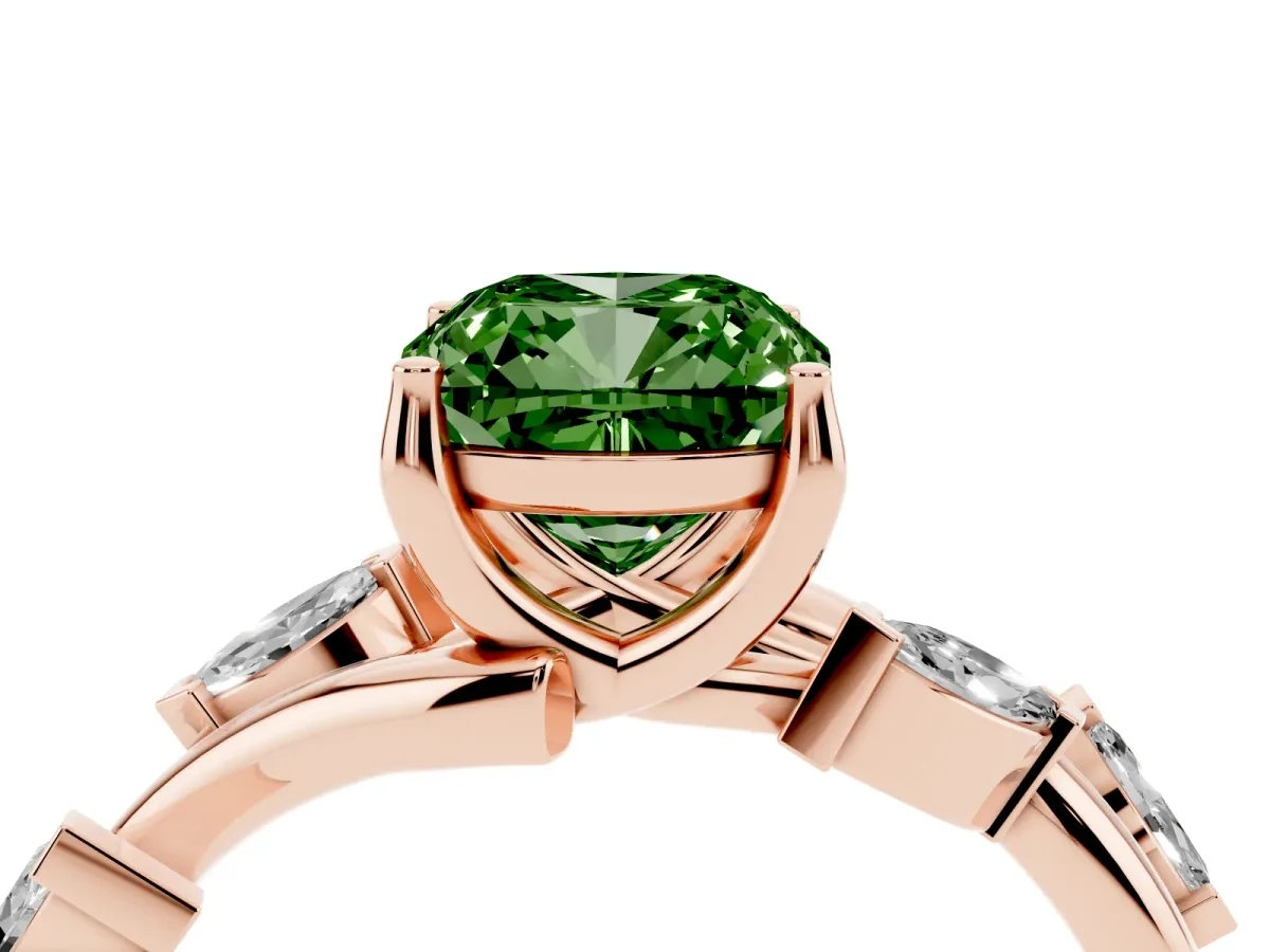 Fancy Green Cushion Cut Solitaire Twisted Band Marquise Accent Prong Setting Ring Rose gold