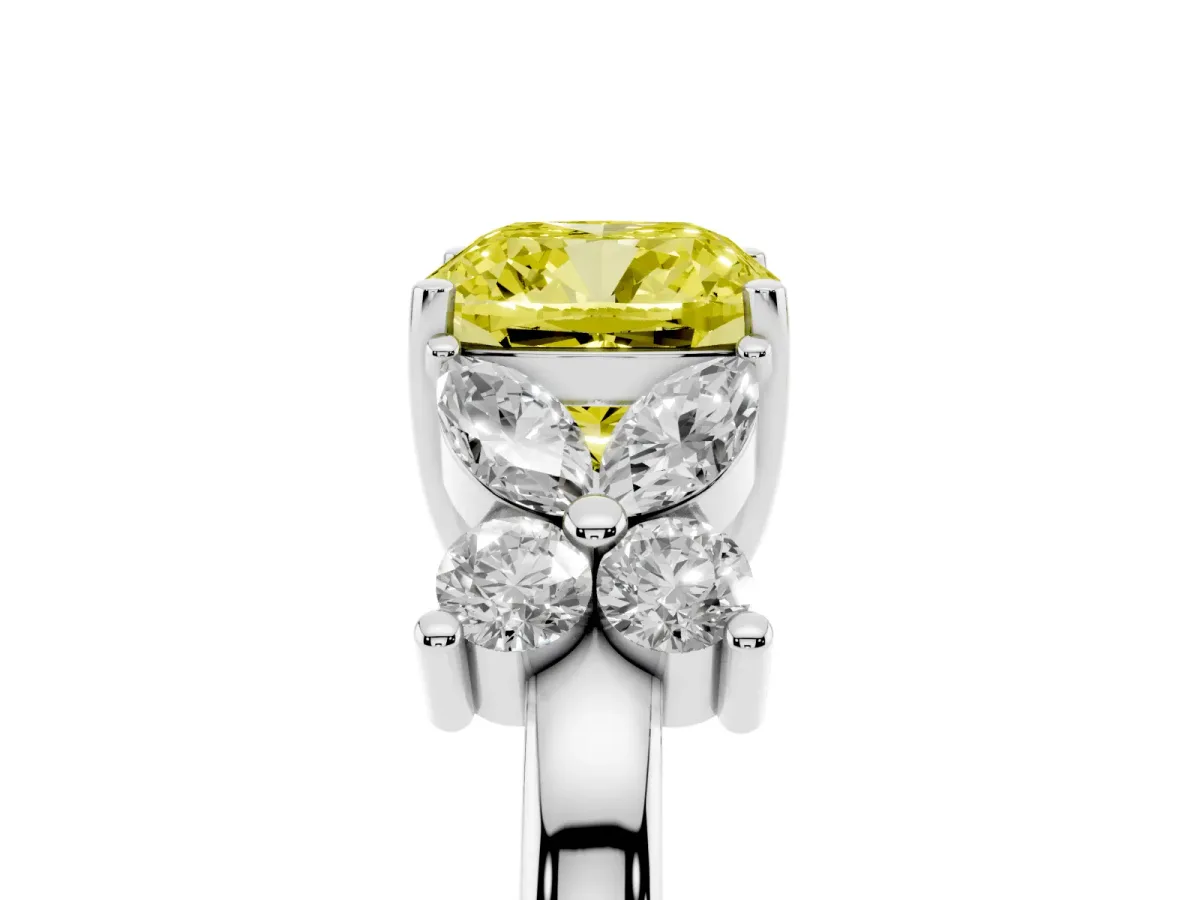 Fancy Yellow Cushion Cut Diamond Floral Cluster Ring with Solitaire Band and Prong Setting Silver