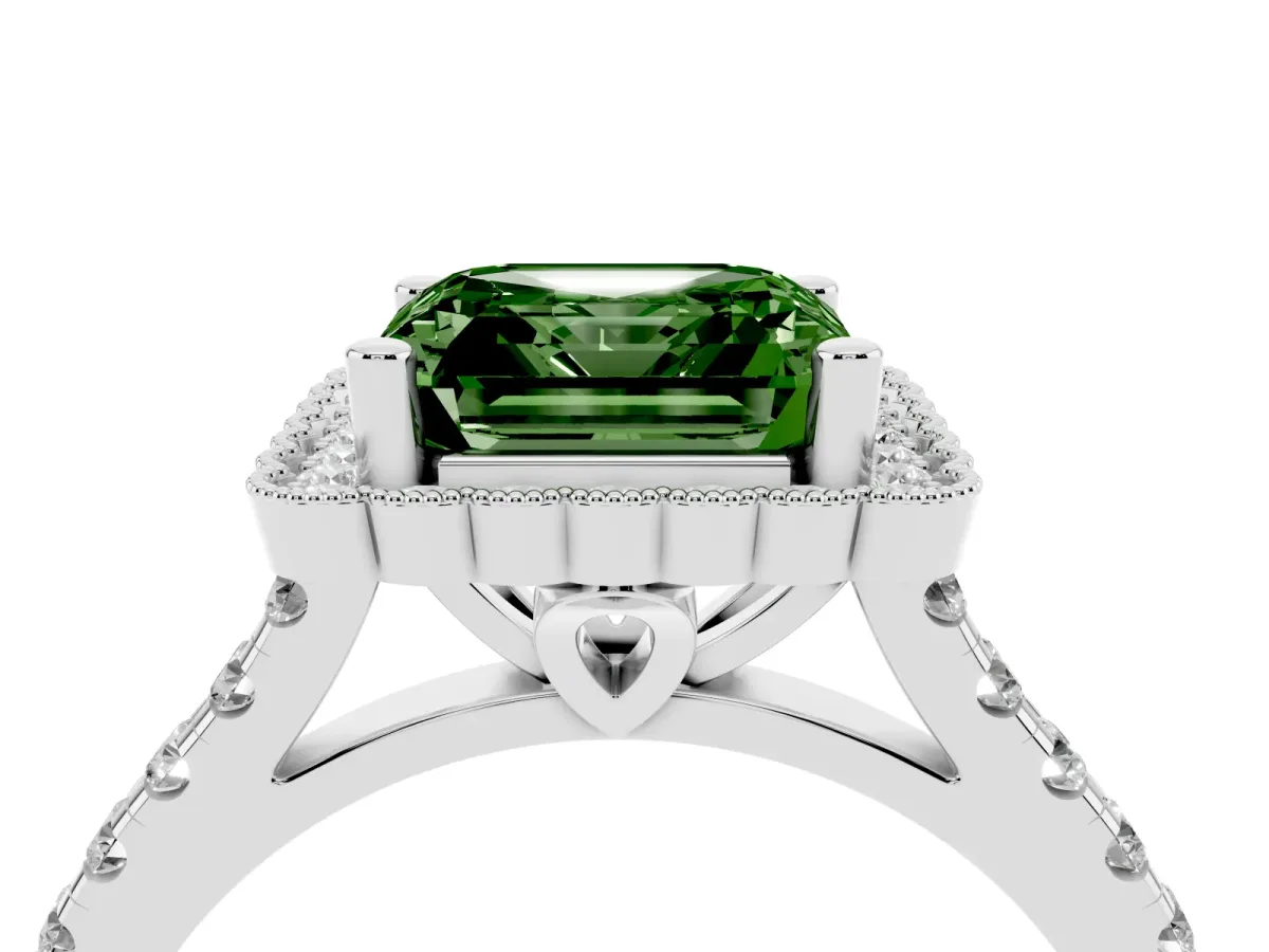 Fancy Green Asscher Cut Cut Diamond Milgrain Floral Halo Engagement Ring with Pavé Band Silver