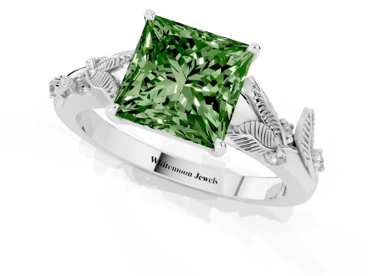 Fancy Green Princess Cut Diamond Solitaire Ring with Leaf Motif Band and Four-Prong Setting Silver