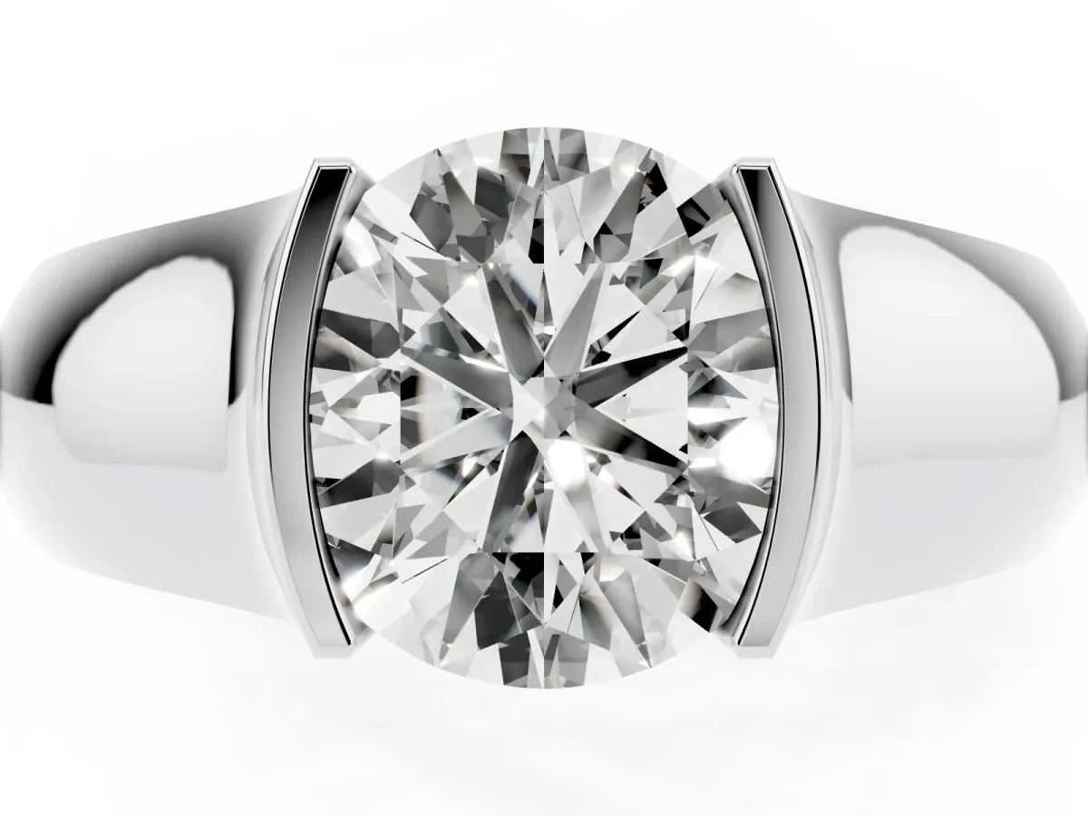 Round Cut Solitaire Bezel Set Diamond Ring with Wide Band Silver