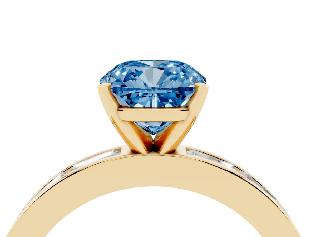 Fancy Blue Cushion Cut Solitaire Diamond Ring with Channel-Set Baguette Band and Four-Prong Setting Yellow gold