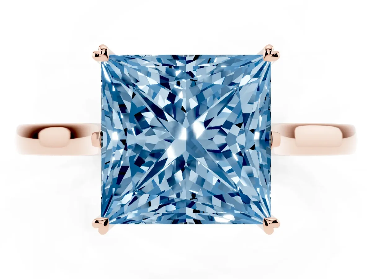 Fancy Blue Princess Cut Solitaire Heart Prong Engagement Ring with Tapered Band Rose gold