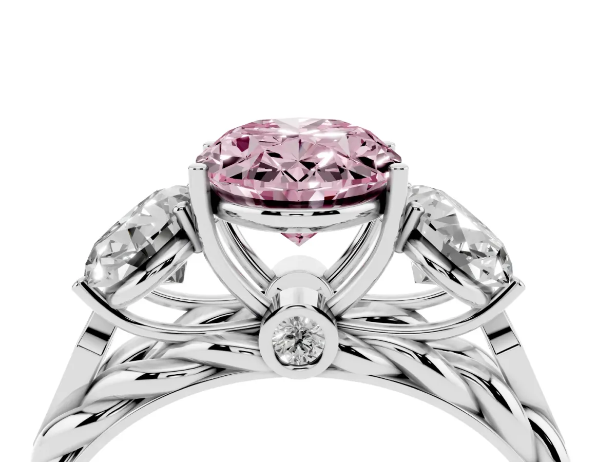 Fancy Pink Three-Stone Oval Cut Diamond Braided Band Ring with Four-Prong Setting White gold