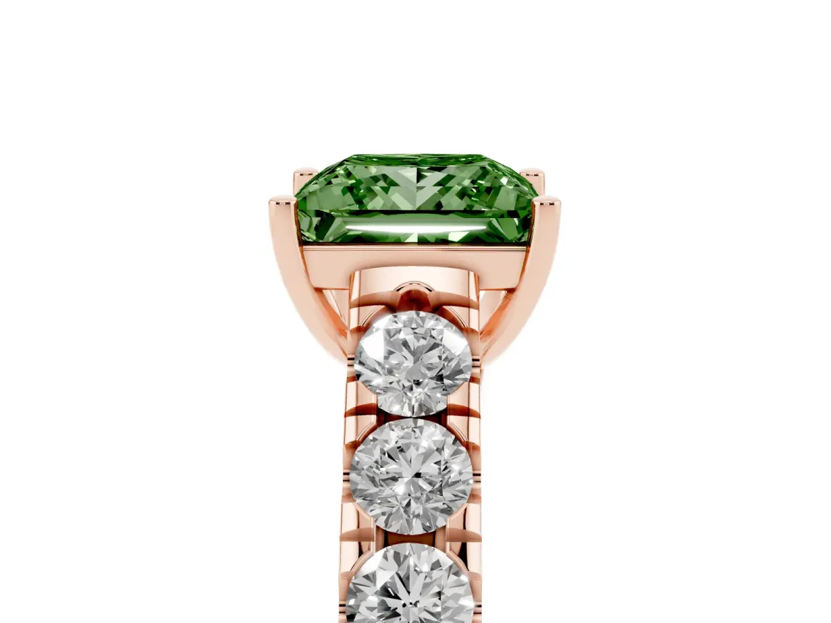 Fancy Green Princess Cut Cut Diamond Solitaire Ring with Micro Pave Band and Prong Setting Rose gold
