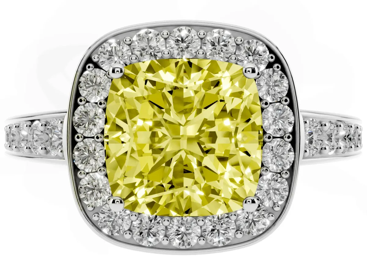 Fancy Yellow Cushion Cut Halo Pavé Diamond Engagement Ring with Bezel Setting Silver