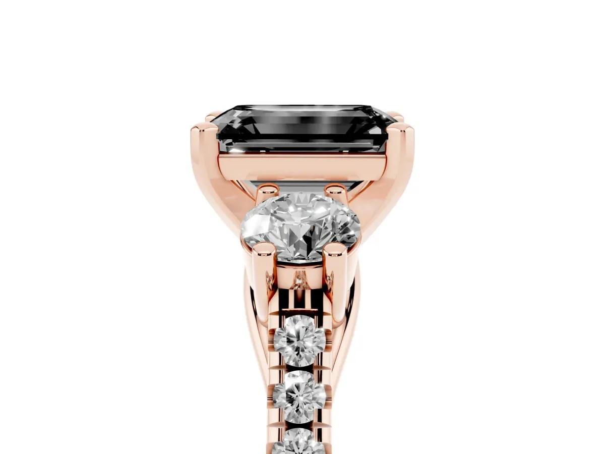 Fancy Black Three-Stone Emerald Cut Diamond Pavé Band with Four-Prong Setting Rose gold