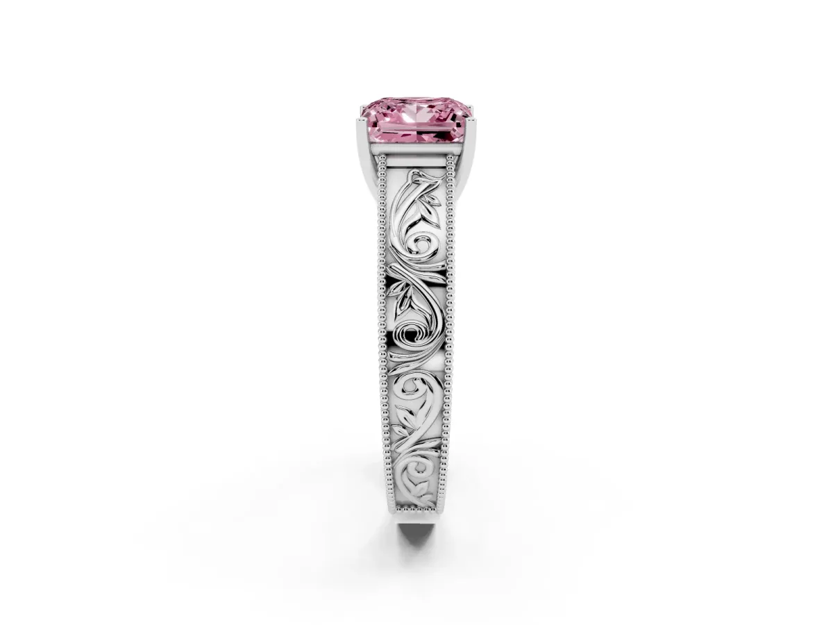 Fancy Pink Princess Cut Diamond Solitaire Ring with Engraved Band and Four-Prong Setting White gold