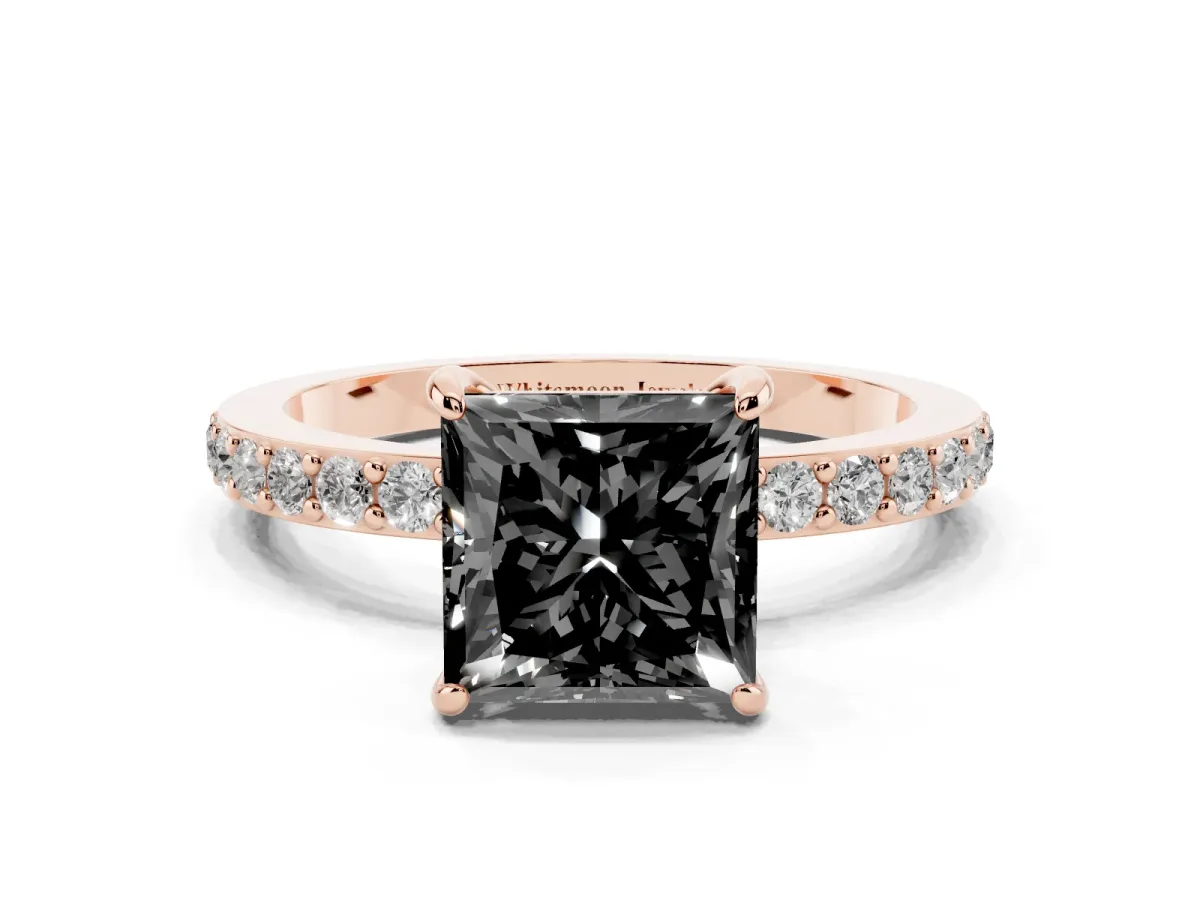 Fancy Black Princess Cut Diamond Pavé Engagement Ring with Round Accents and Prong Setting Rose gold