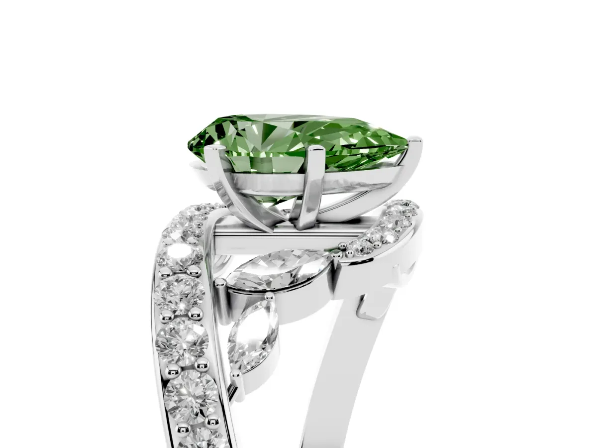 Fancy Green Pear Cut Solitaire with Pavé Twist Band and Four-Prong Setting Silver