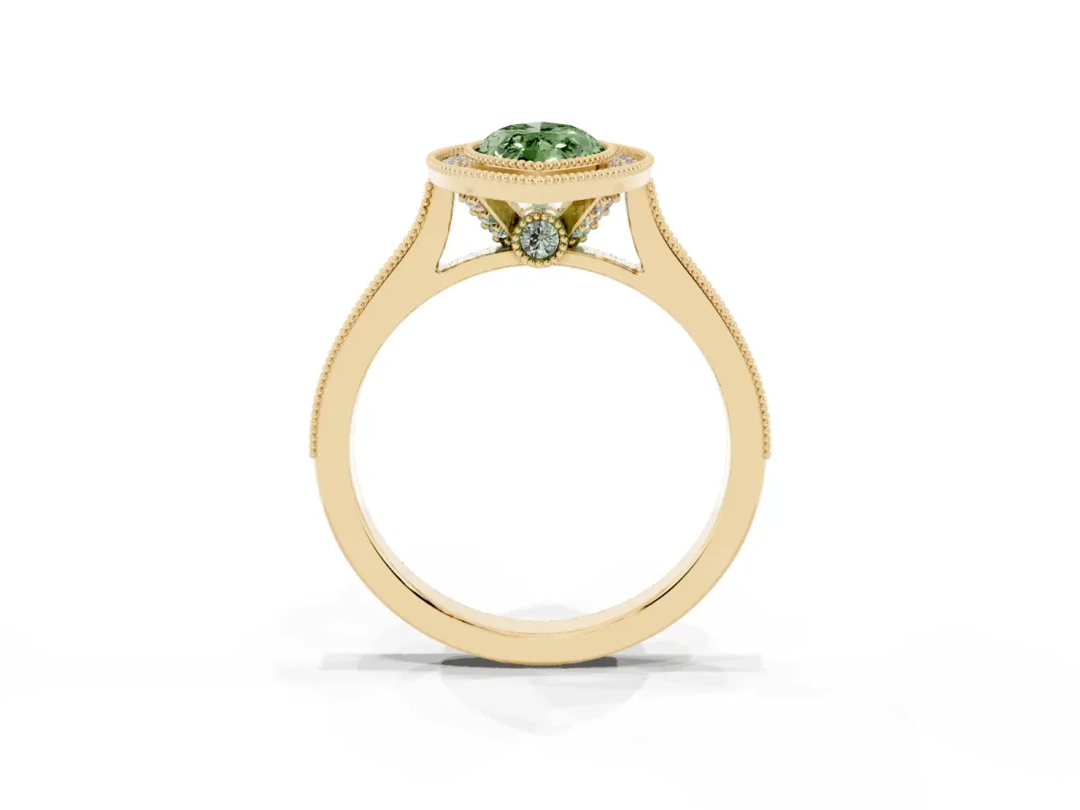 Fancy Green Halo Marquise Cut-Cut Diamond Pave Band Milgrain Prong Setting Ring Yellow gold