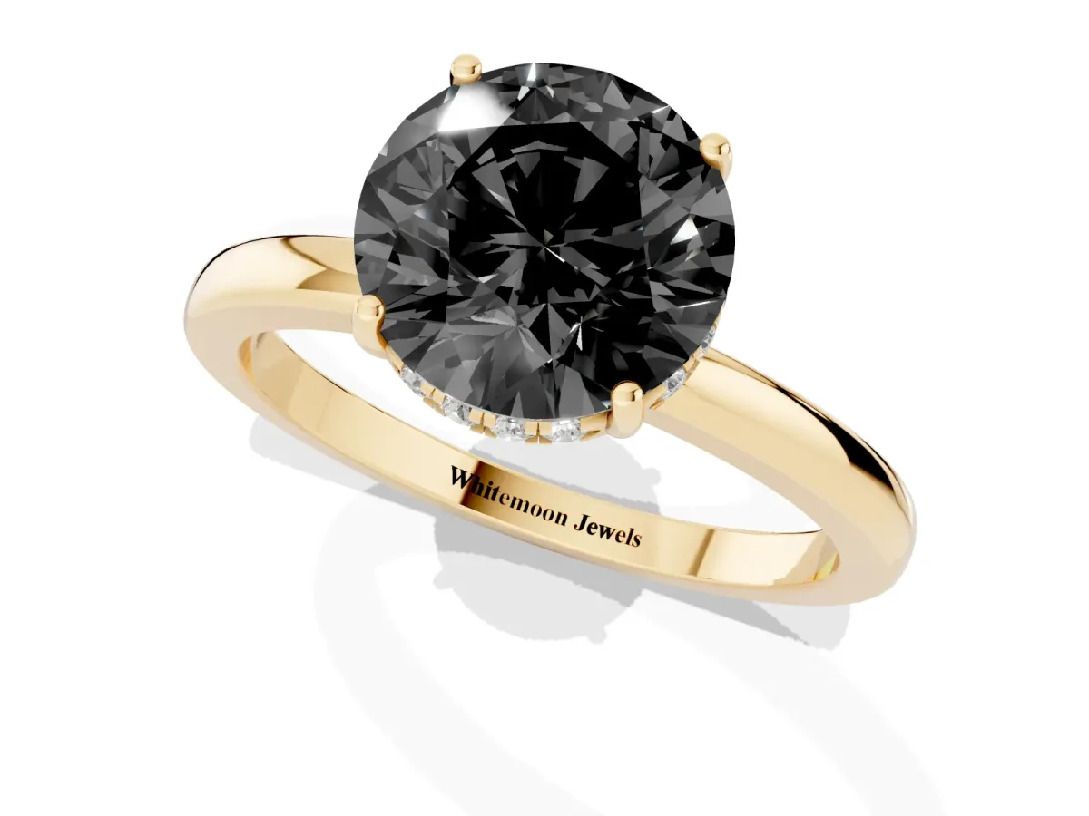 Fancy Black Round Cut Solitaire Diamond Ring with Prong Setting and Plain Band Yellow gold