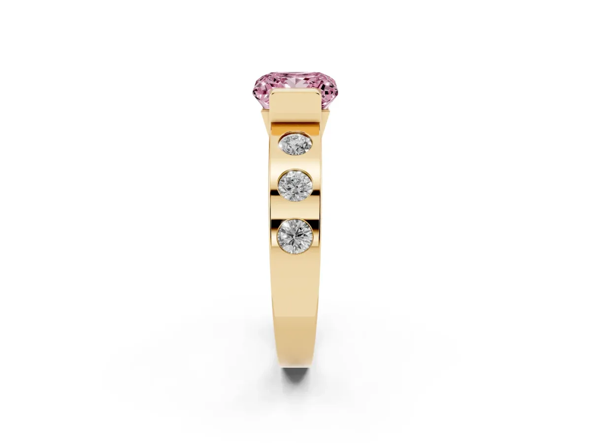 Fancy Pink Princess Cut Brilliant Channel-Set Diamond Ring with Bezel Prong Setting Yellow gold