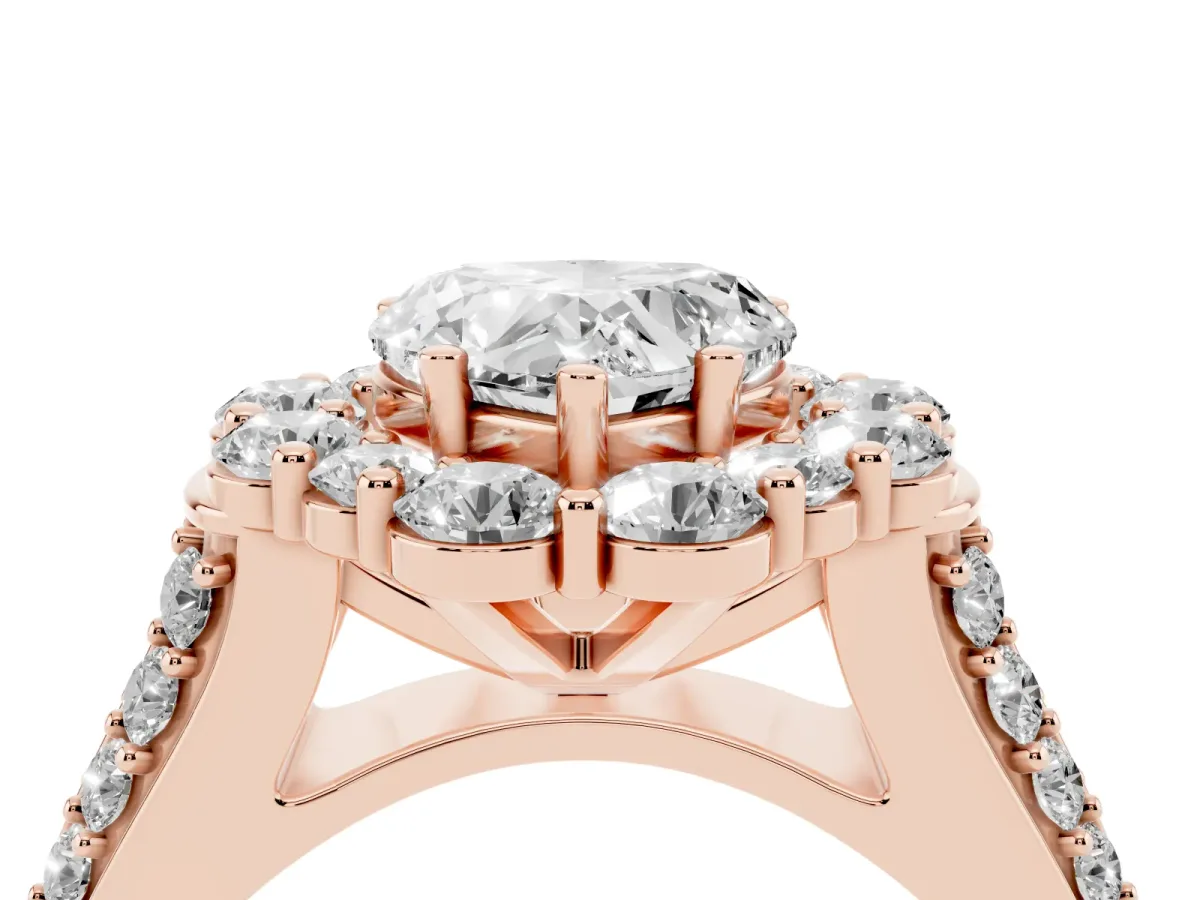 Heart Cut Halo Diamond Engagement Ring with Split Shank and Prong Setting Rose gold