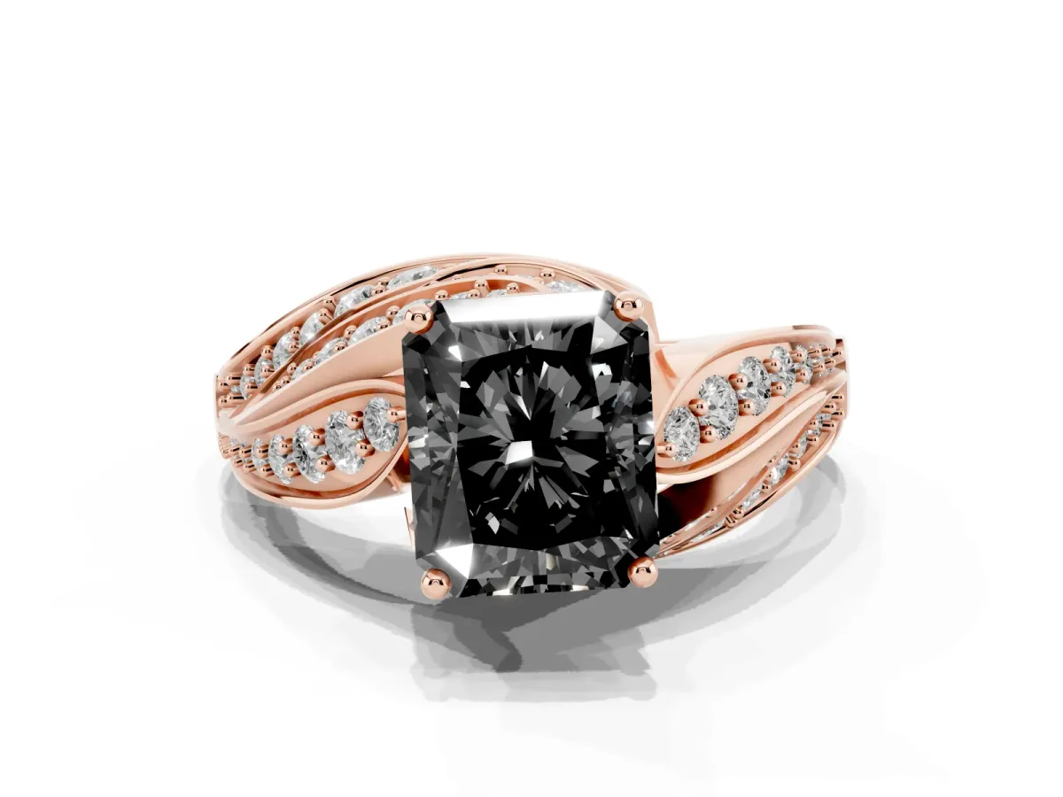 Fancy Black Radiant Cut Diamond Solitaire Ring with Prong Setting and Twisted Pavé Band Rose gold