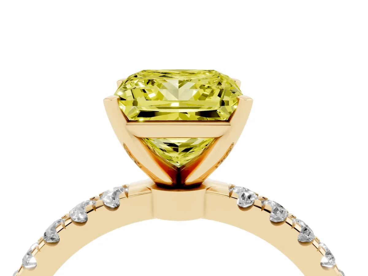 Fancy Yellow Princess Cut Diamond Solitaire Ring with Pavé Accents and Four-Prong Setting Yellow gold