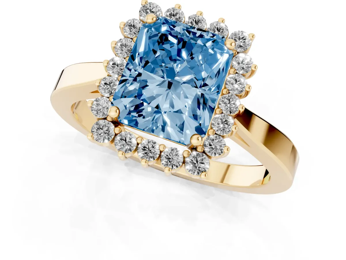 Fancy Blue Radiant Cut Cut Diamond Halo Ring with Round Brilliant Halo and Solitaire Band Yellow gold