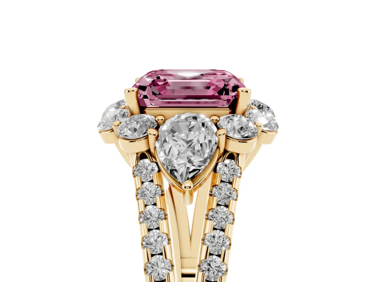 Fancy Pink Asscher Cut Halo Split Shank Diamond Engagement Ring with Prong Setting Yellow gold