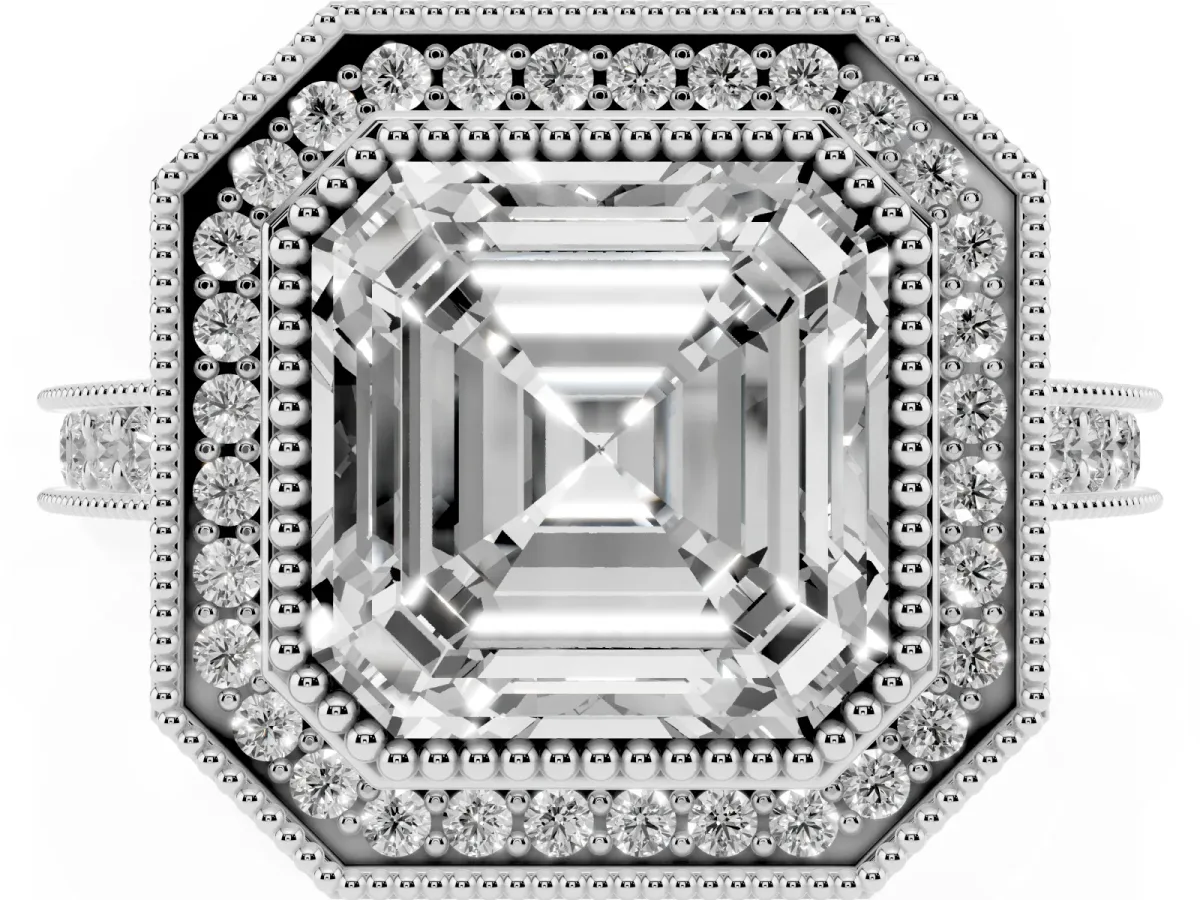 Halo Asscher Cut-Cut Diamond Pave Band Milgrain Prong Setting Ring Silver