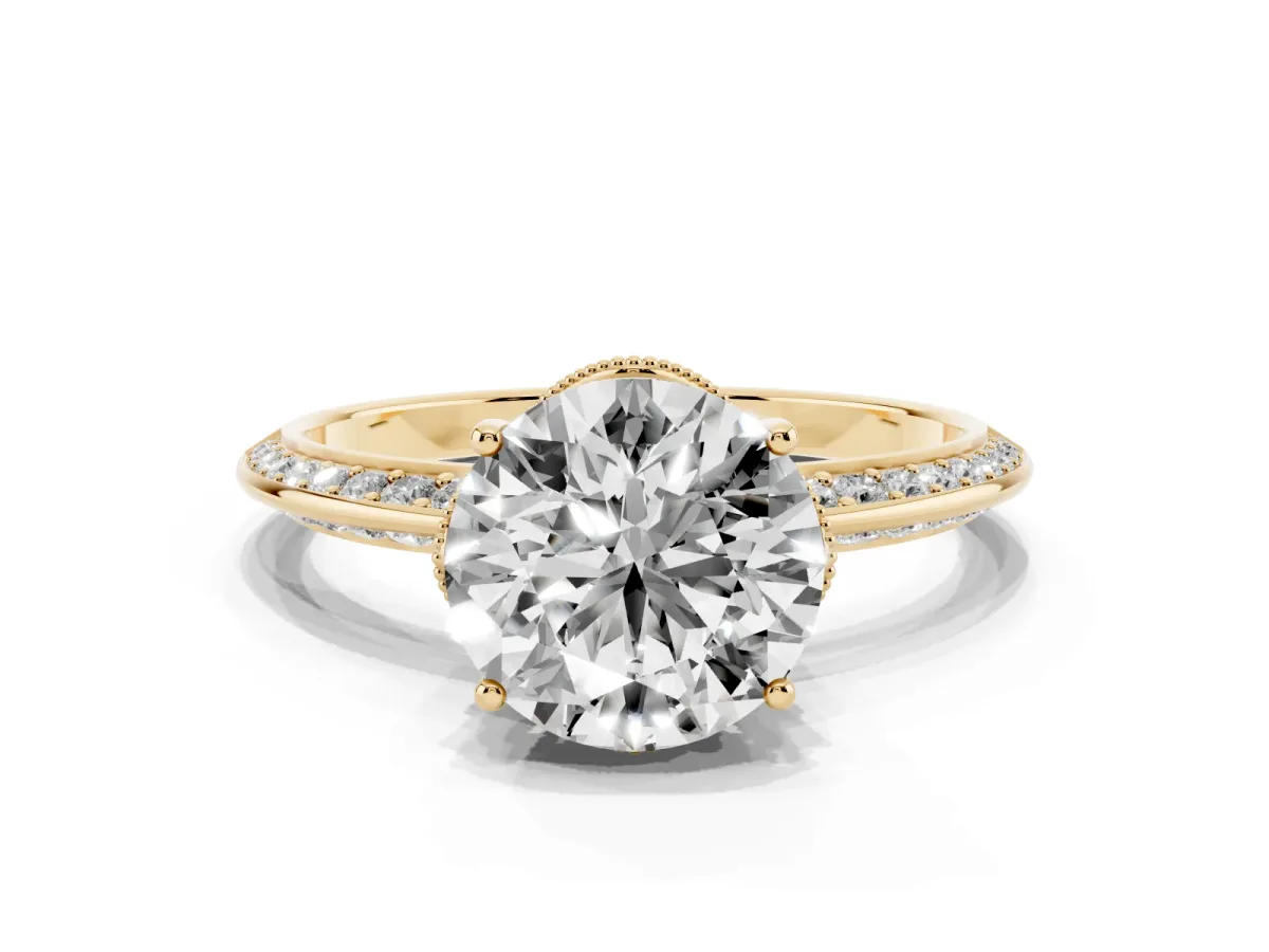 Round Cut Solitaire Split Shank Pave Diamond Engagement Ring with Four-Prong Setting Yellow gold