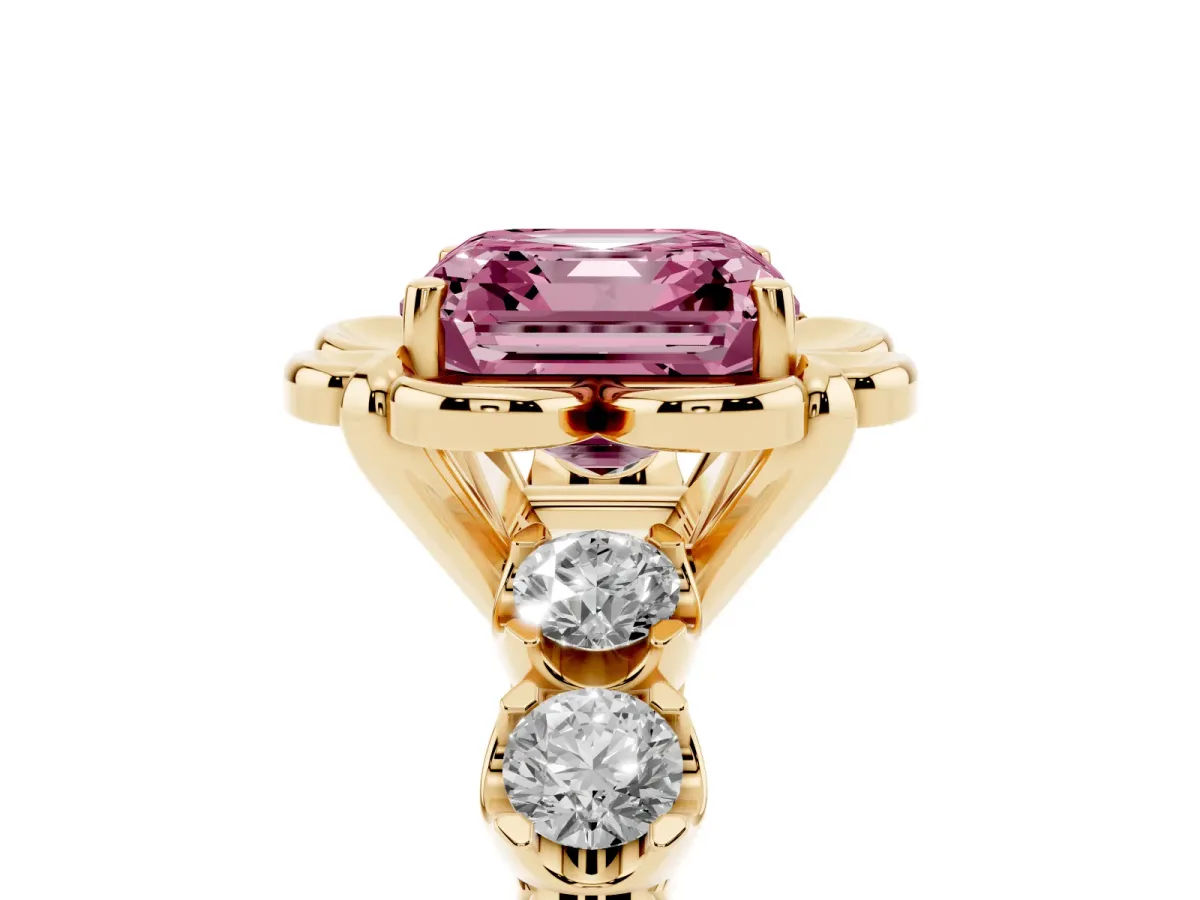 Fancy Pink Asscher Cut Cut Diamond Floral Halo Engagement Ring with Shared Prong Setting Yellow gold