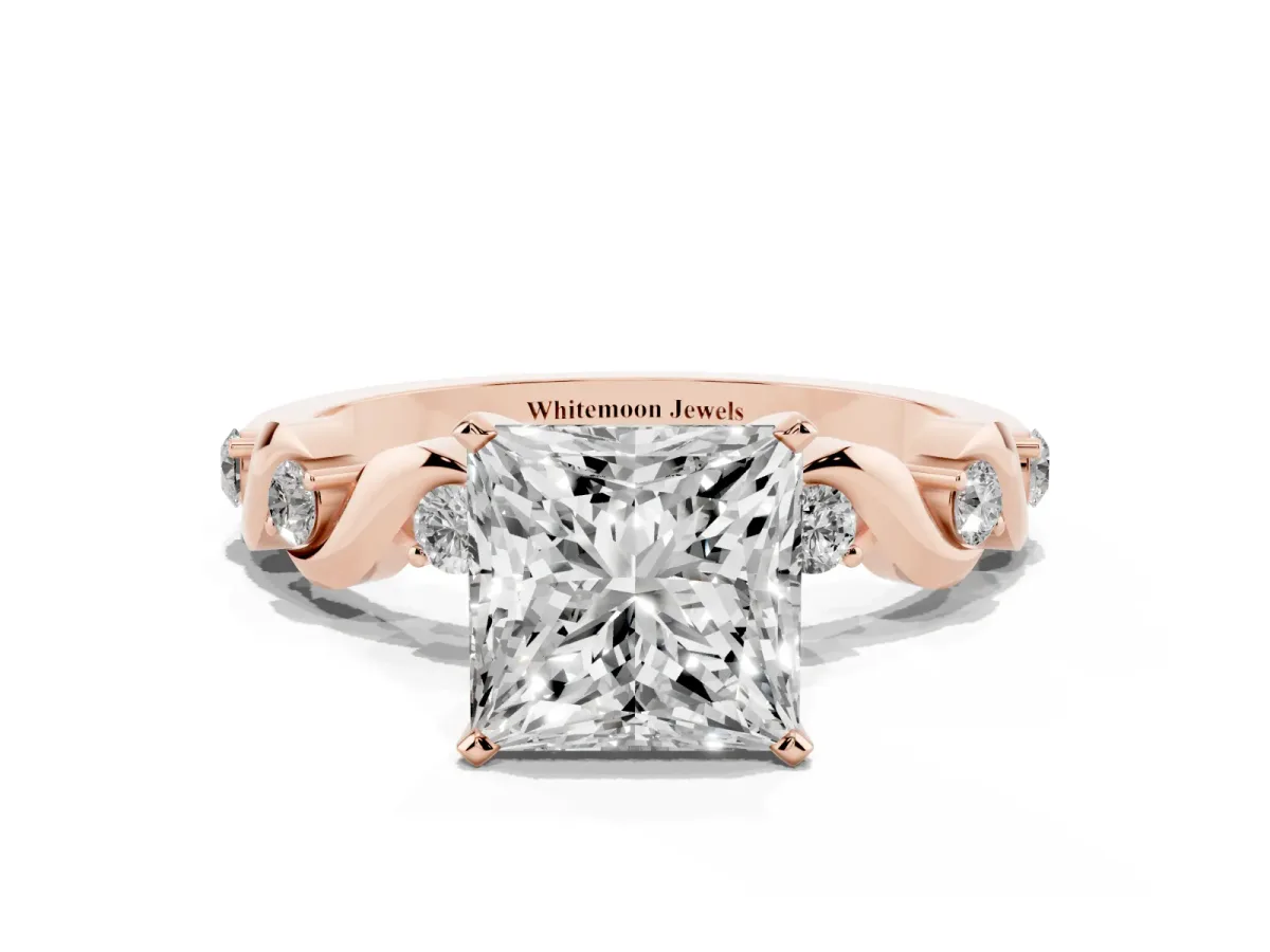 Princess Cut Diamond Solitaire Twisted Band with Round Accents and Prong Setting Rose gold