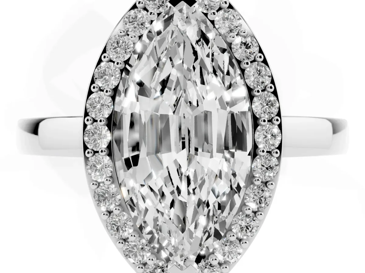Marquise Cut Halo Diamond Ring with Solitaire Band and Prong Setting Silver