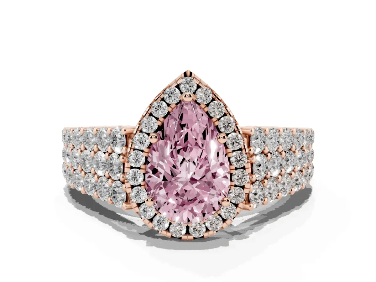 Fancy Pink Pear Cut Diamond Halo Engagement Ring with Triple Row Round Pavé Band and Prong Setting Rose gold