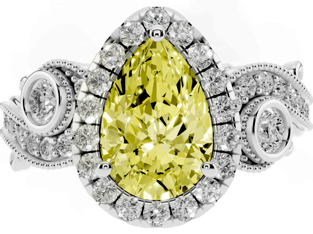 Fancy Yellow Pear Cut Diamond Halo Ring with Milgrain Pavé Band and Four-Prong Setting Platinum