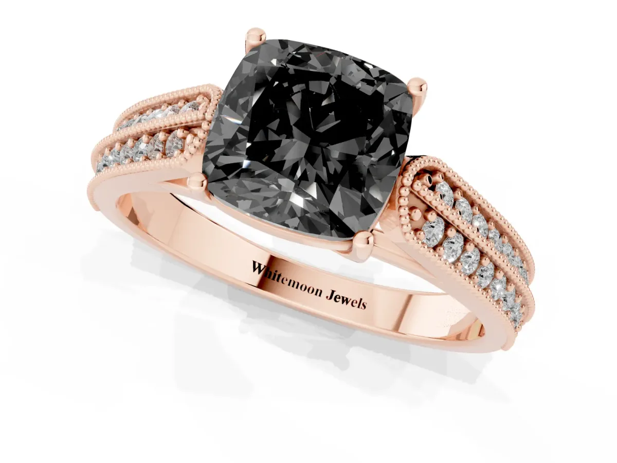 Fancy Black Cushion Cut Cut Pave Split Shank Engagement Ring with Four-Prong Setting Rose gold