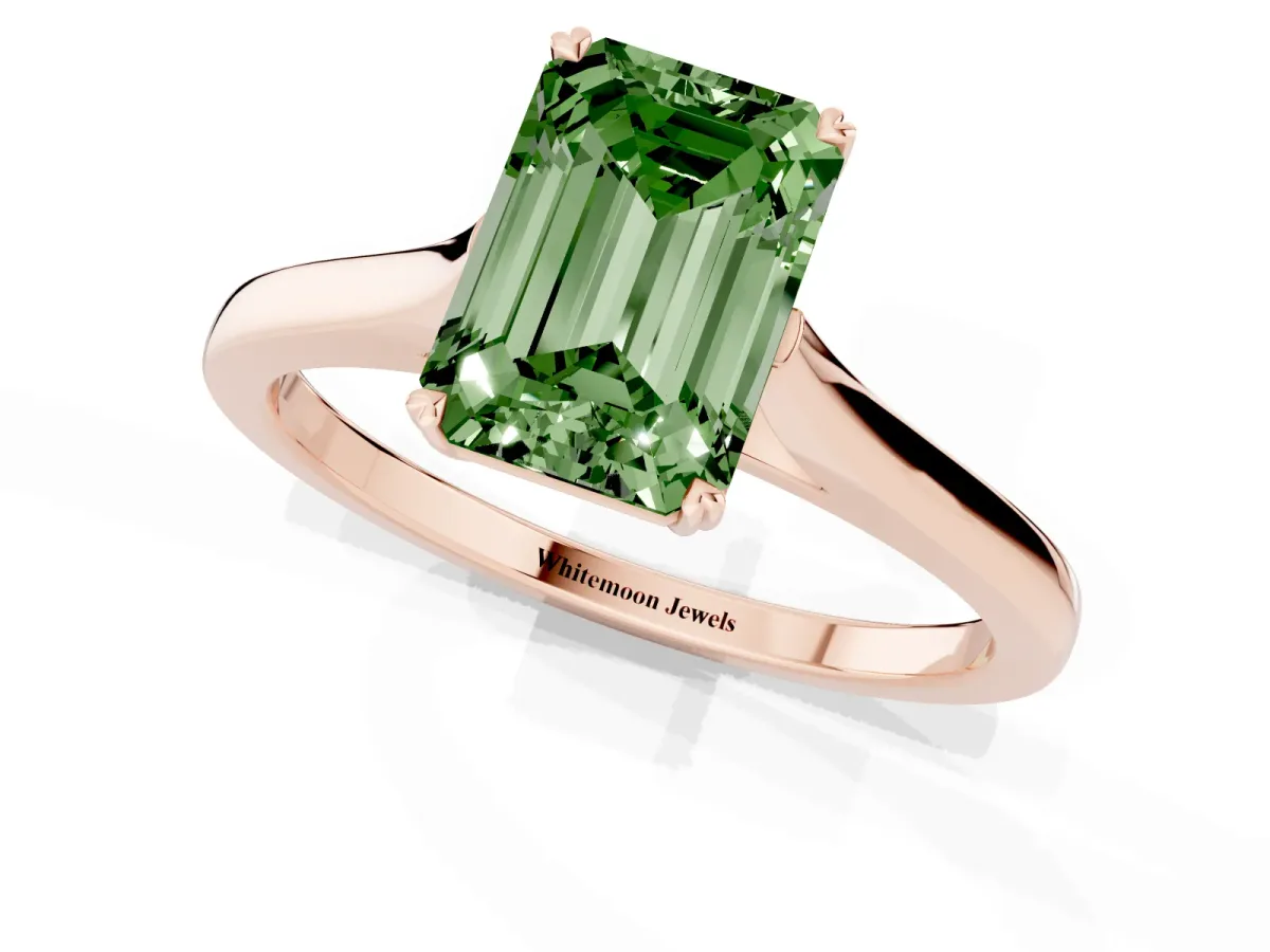 Fancy Green Emerald Cut Solitaire Heart Prong Engagement Ring with Tapered Band Rose gold