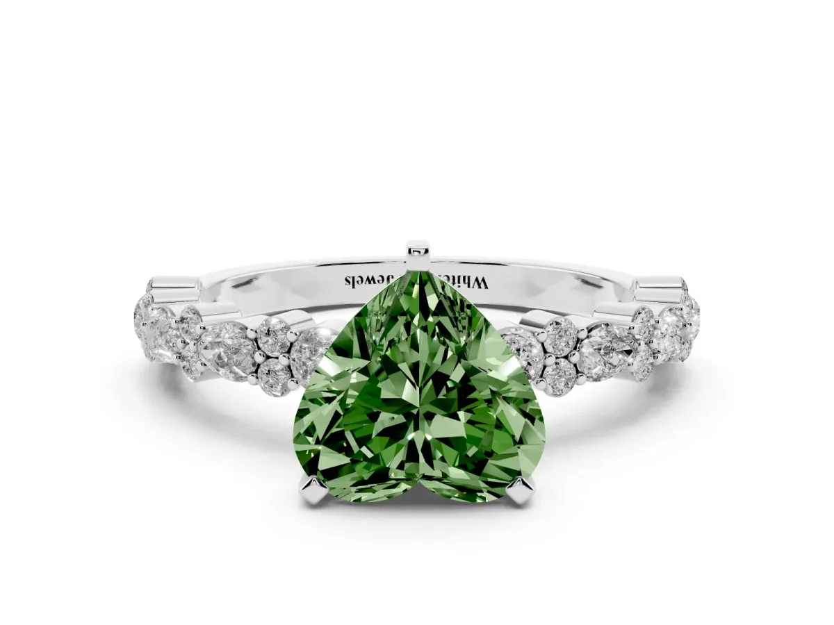 Fancy Green Heart Cut Diamond Side Stone Solitaire Ring with Round and Four-Prong Setting Silver