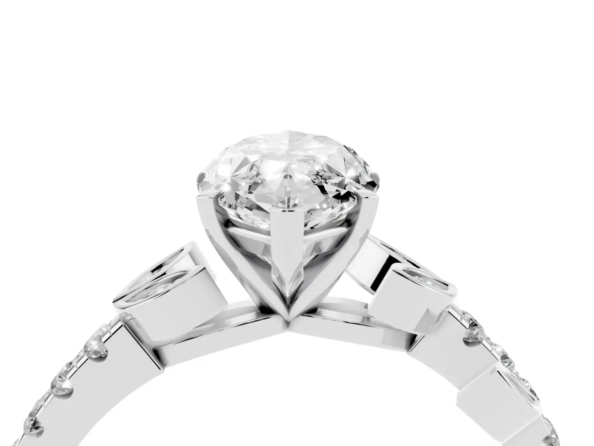 Marquise Cut Solitaire Leaf-Inspired Diamond Ring with Pavé Band and Four-Prong Setting Silver