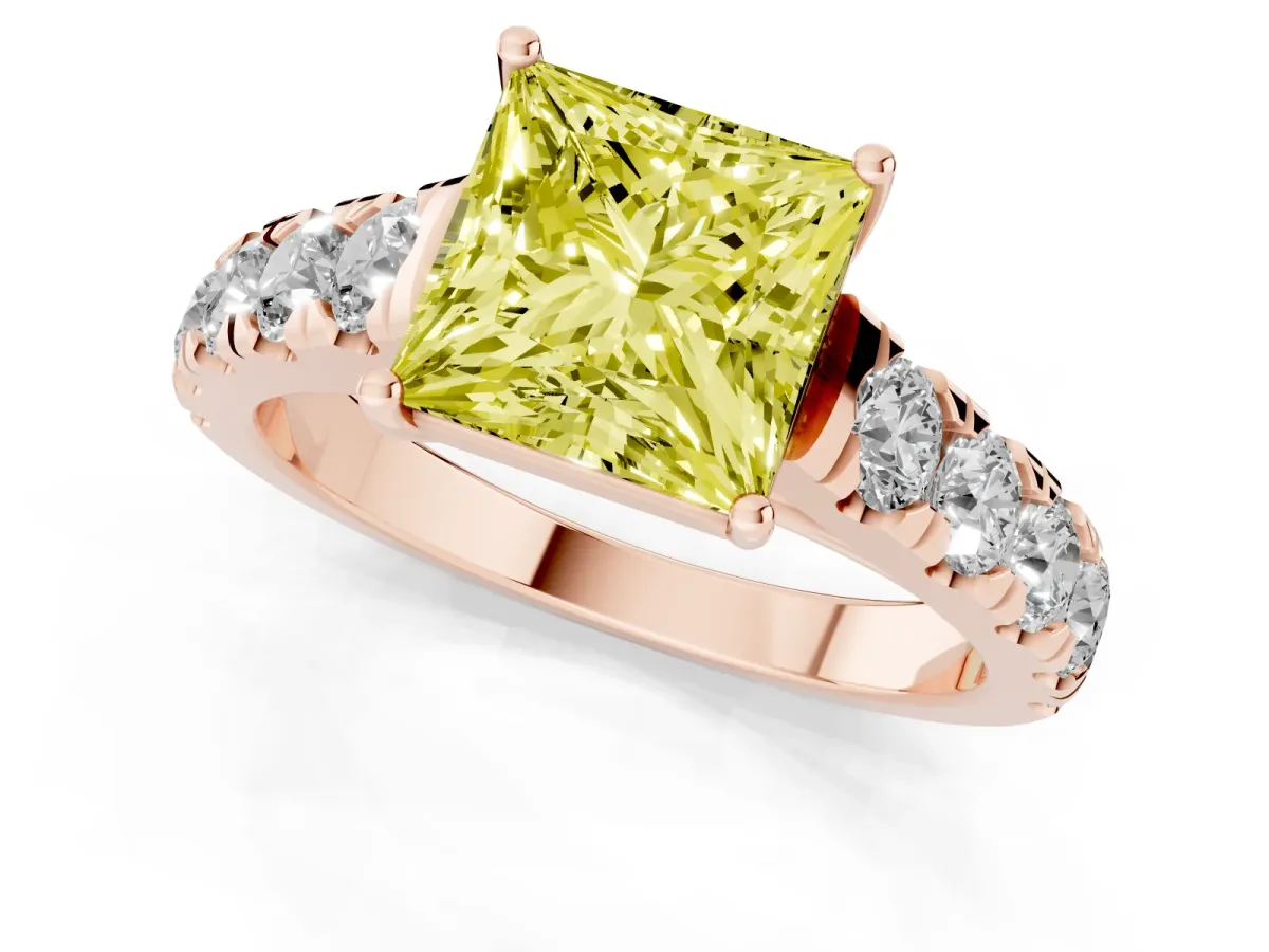 Fancy Yellow Princess Cut Cut Diamond Solitaire Ring with Micro Pave Band and Prong Setting Rose gold