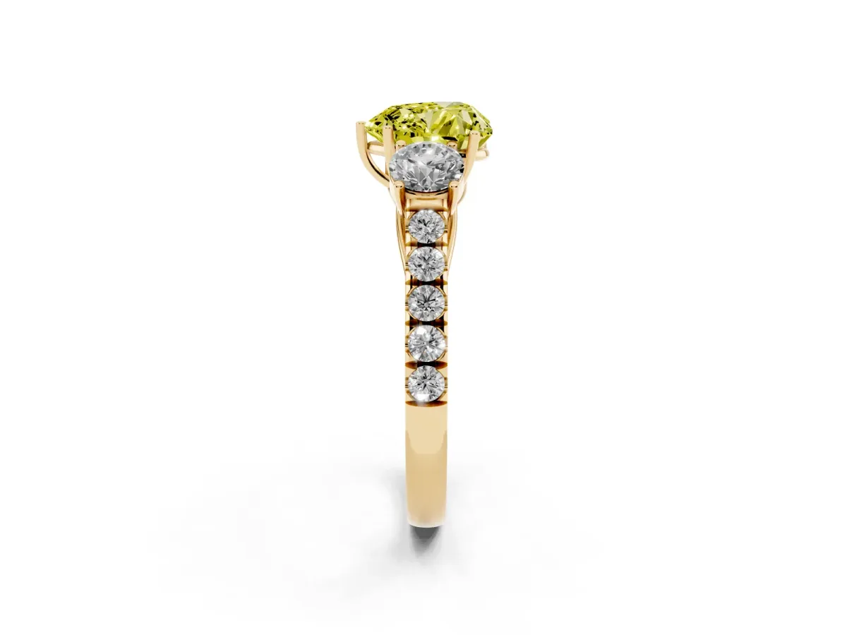 Fancy Yellow Heart Cut Cut Diamond Three-Stone Ring with Round Side Stones and Pavé Band Yellow gold