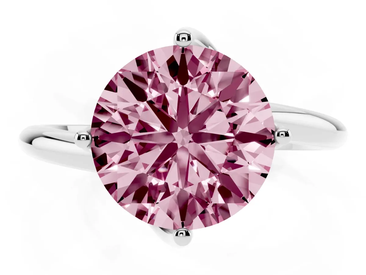 Fancy Pink Round Cut Diamond Solitaire Engagement Ring with Four-Prong Setting and Classic Band Silver