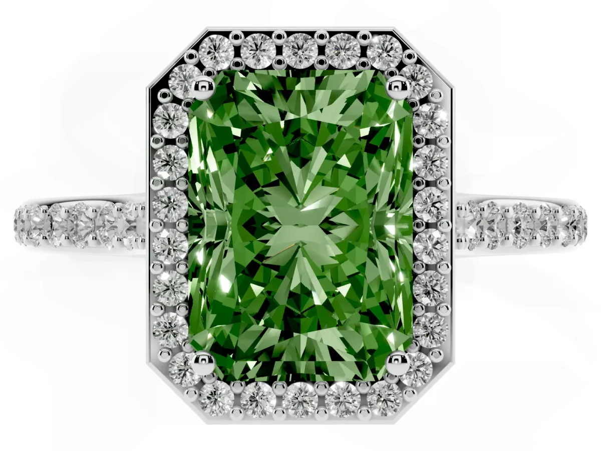 Fancy Green Radiant Cut Diamond Halo Engagement Ring with Round Pavé Shoulders and Prong Setting Silver
